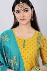 Womens Chenderi Printed Straight Kurti 3-Piece Set Yellow Color - 3831
