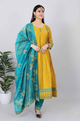 Womens Chenderi Printed Straight Kurti 3-Piece Set Yellow Color - 3831