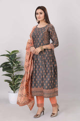 Womens Chanderi Printed Straight Kurti 3-Piece Set Yellow Color - 3833