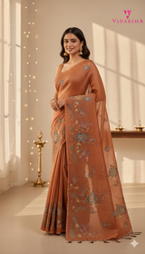 Hand-Embroidered Linen Cotton Kntha Saree with Blouse